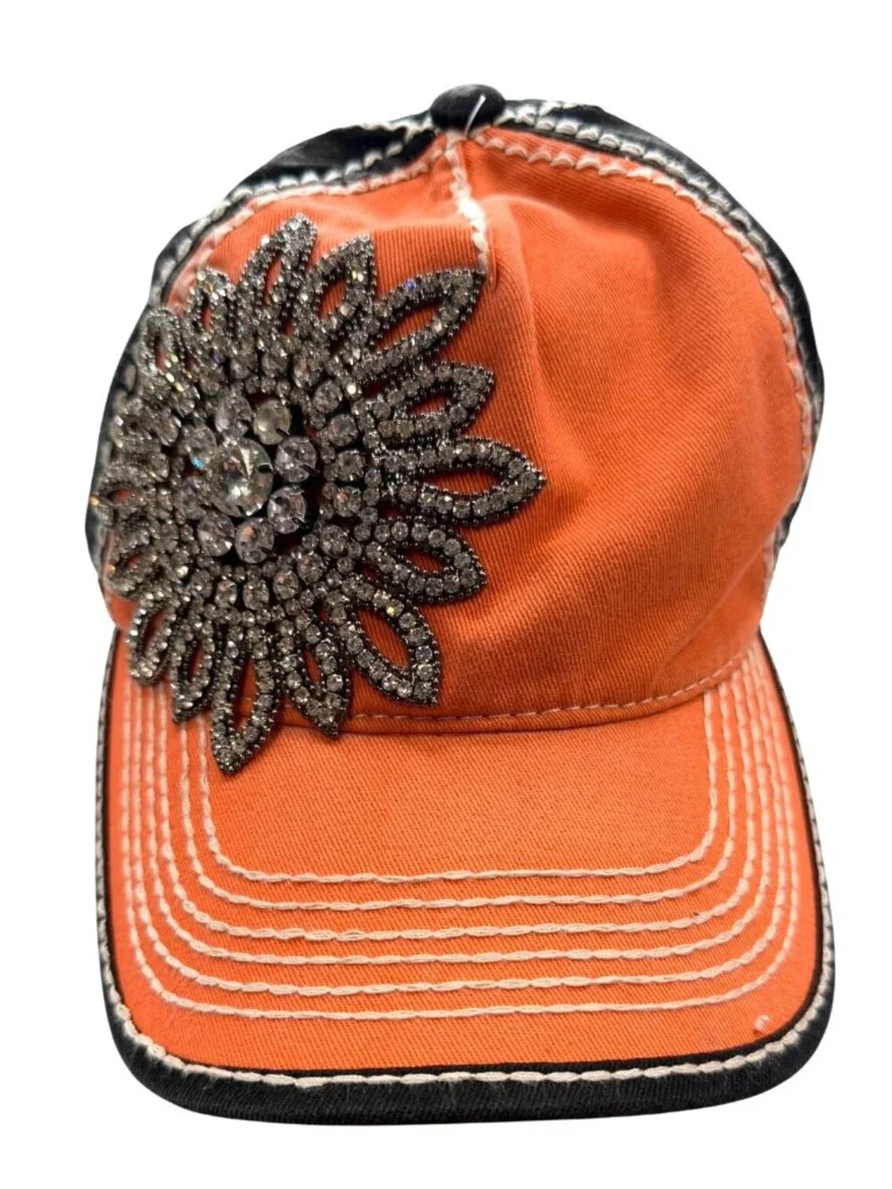 Olive & Pique Orange Distressed Baseball Cap with Huge Rhinestone Flower Bling